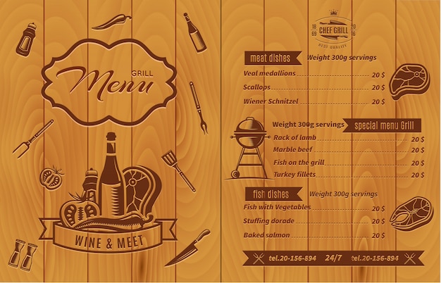 Retro bbq menu with prices and food with pictures on wooden wall