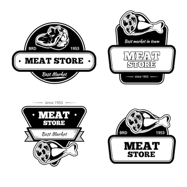 Retro butchery and meat store black badge, label, logo vector set. Market natural emblem set