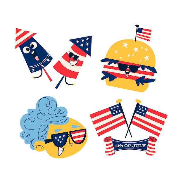 Free Vector retro cartoon 4th of july stickers collection