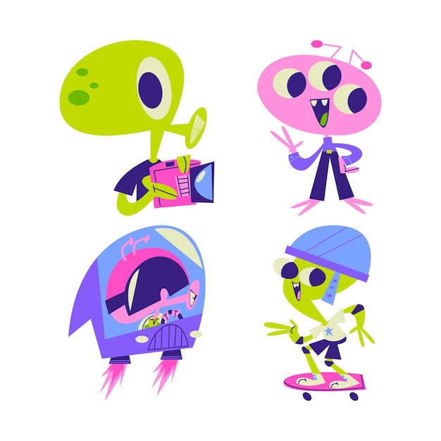 Free Vector retro cartoon alien stickers collection