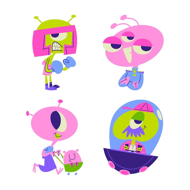 Free Vector retro cartoon alien stickers collection