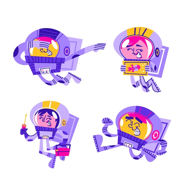 Free Vector retro cartoon astronaut stickers collection