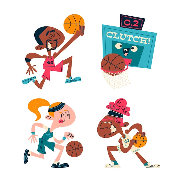 Free vector retro cartoon basketball stickers collection