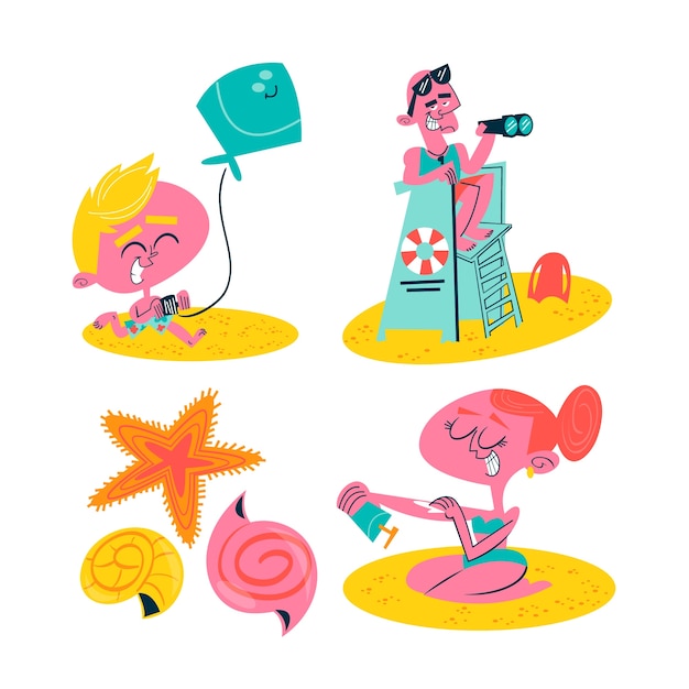 Retro cartoon beach stickers collection