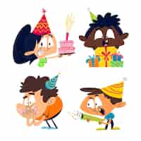 Free vector retro cartoon birthday sticker pack