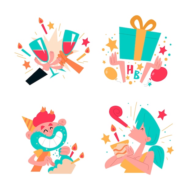 Free Vector retro cartoon birthday stickers set