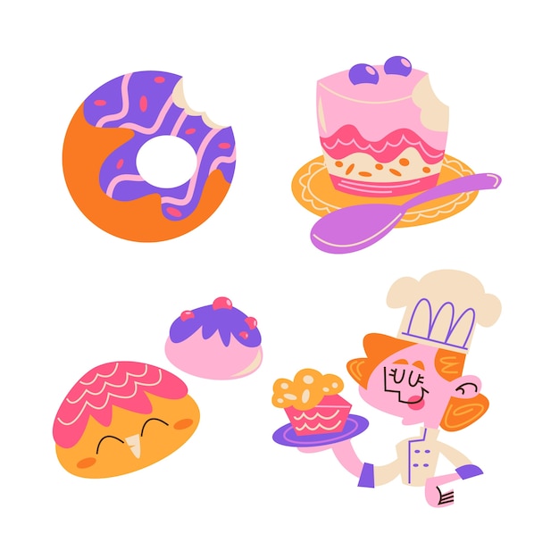 Free Vector retro cartoon dessert and sweets stickers collection