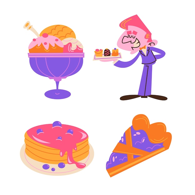 Free Vector retro cartoon dessert and sweets stickers collection