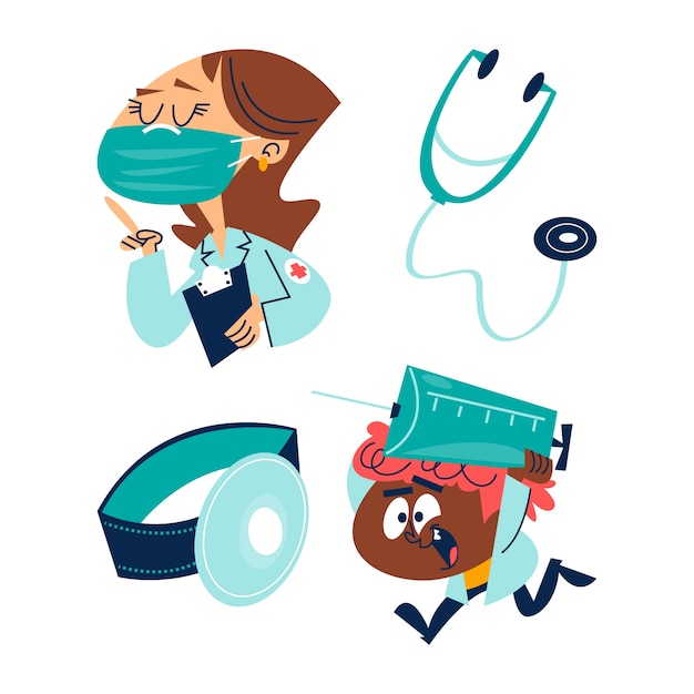 Free Vector retro cartoon doctors and equipment stickers set