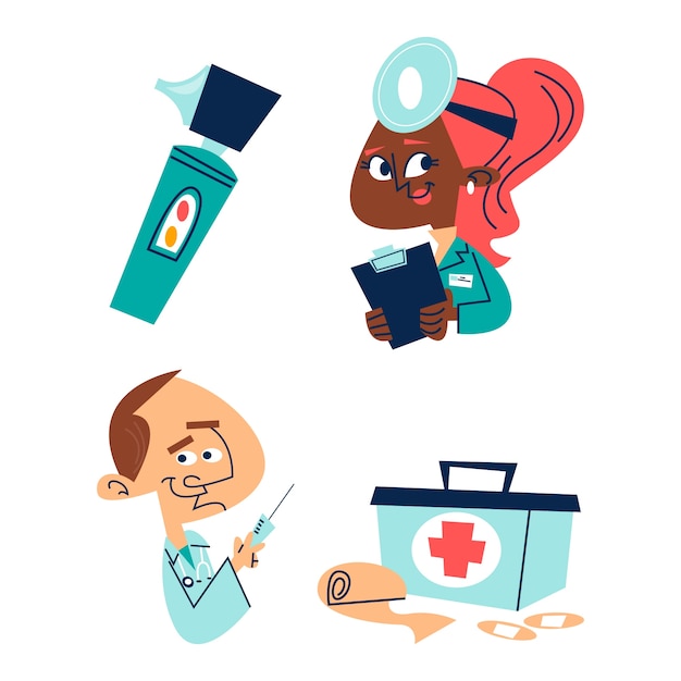 Free Vector retro cartoon doctors and equipment stickers set