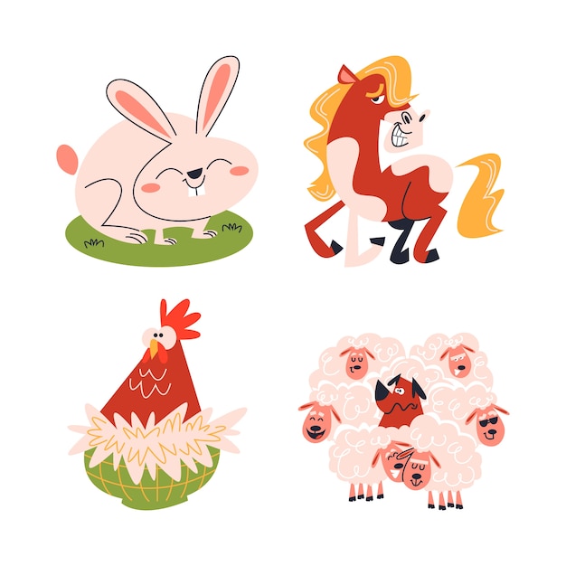 Free Vector retro cartoon farm animals stickers collection