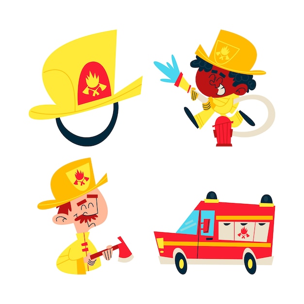 Free Vector retro cartoon firefighter stickers collection