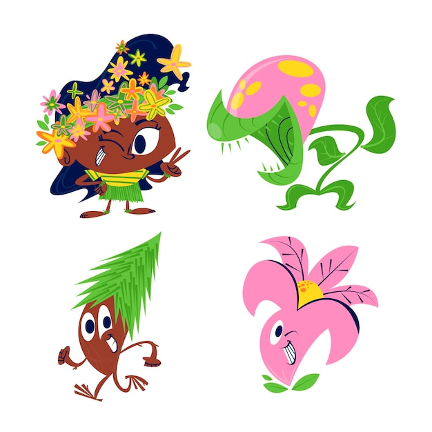 Free Vector retro cartoon flowers and plants stickers set