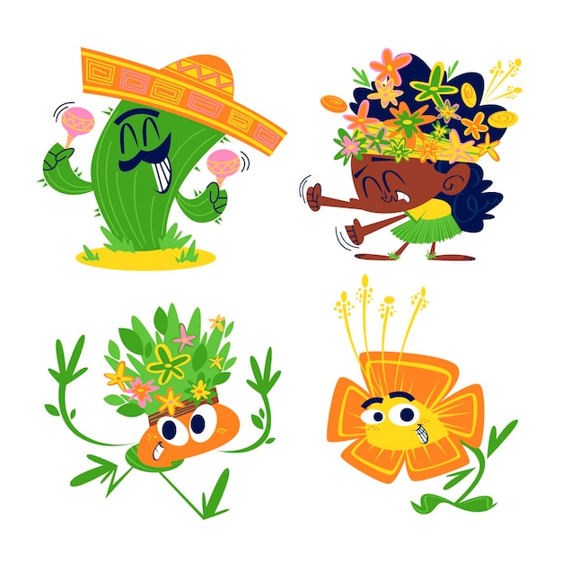 Retro cartoon flowers and plants stickers set