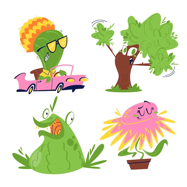 Retro cartoon flowers and plants stickers set