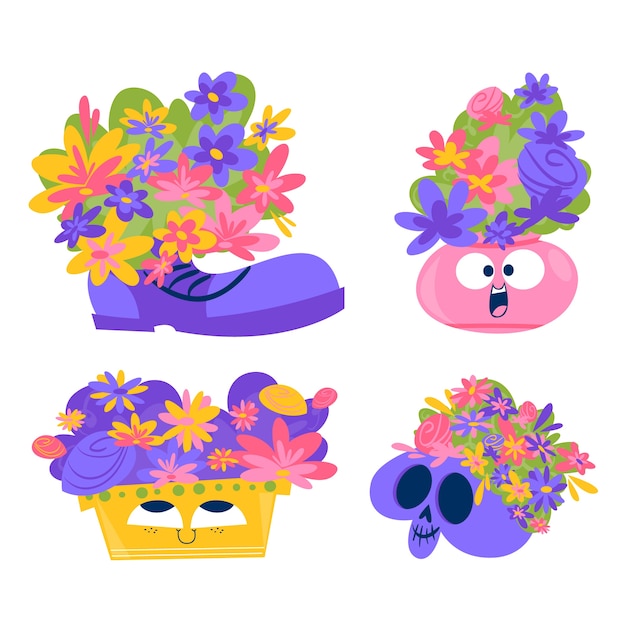 Retro cartoon flowers stickers