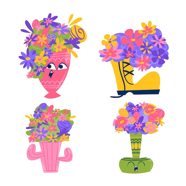 Retro cartoon flowers stickers