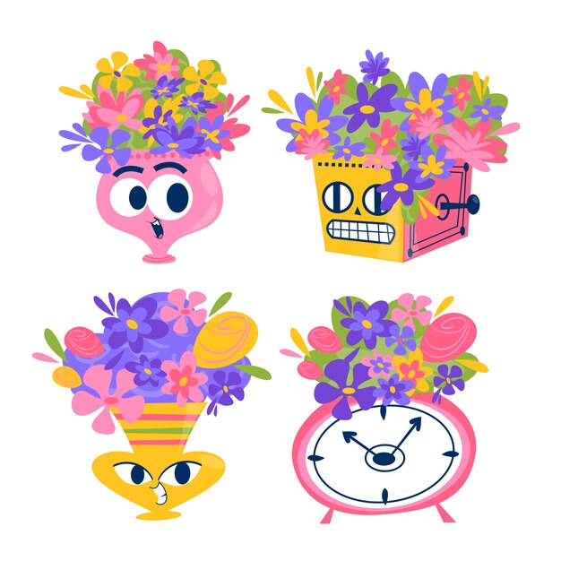 Retro cartoon flowers stickers