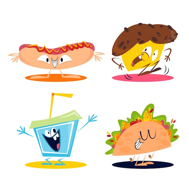 Retro cartoon food stickers set