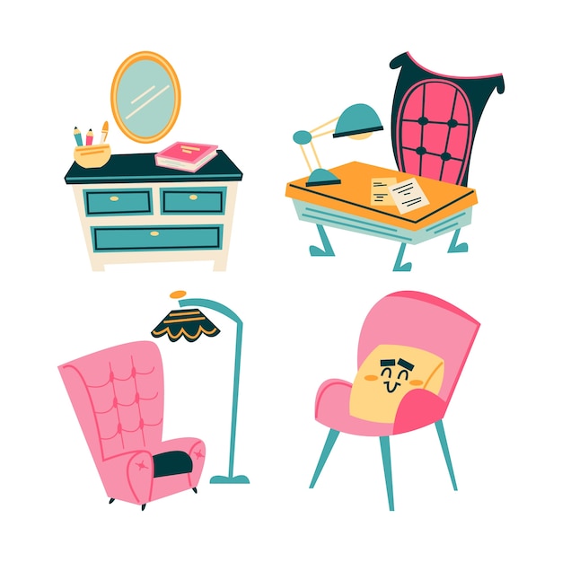 Free Vector retro cartoon furniture stickers collection