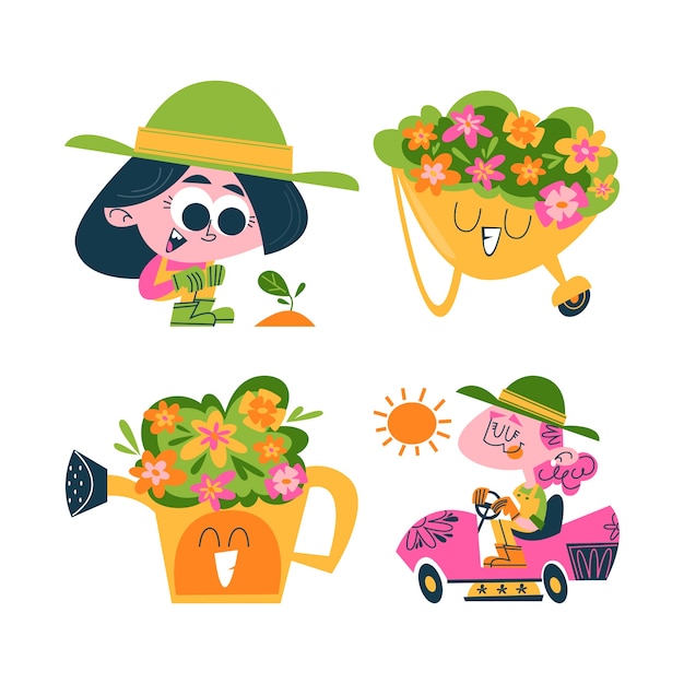 Free Vector retro cartoon gardening stickers collection