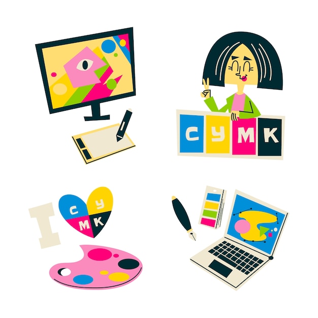 Free Vector retro cartoon graphic design stickers collection