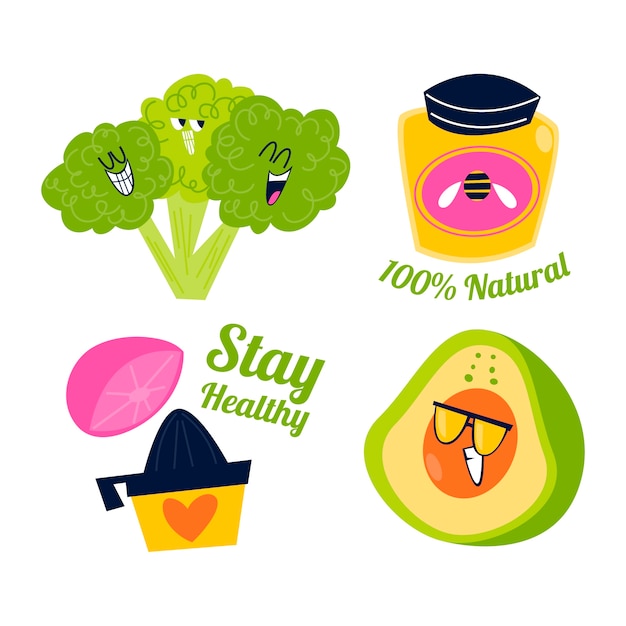 Free Vector retro cartoon healthy food stickers collection