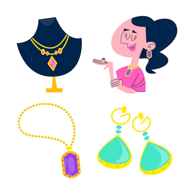 Free Vector retro cartoon jewelry stickers collection