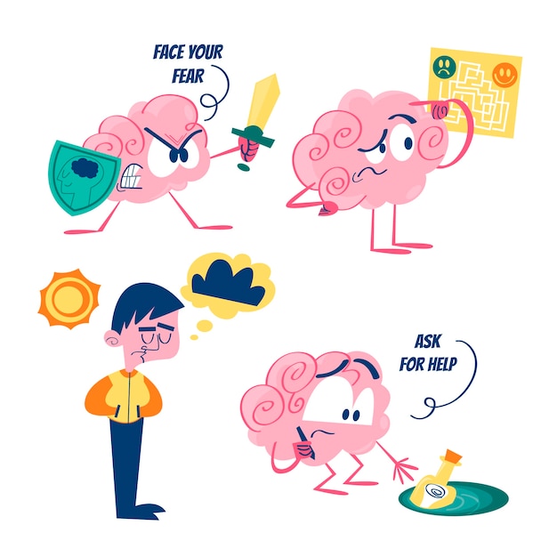 Retro cartoon mental health stickers collection