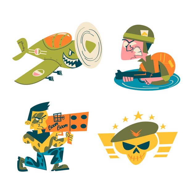 Retro cartoon military stickers collection