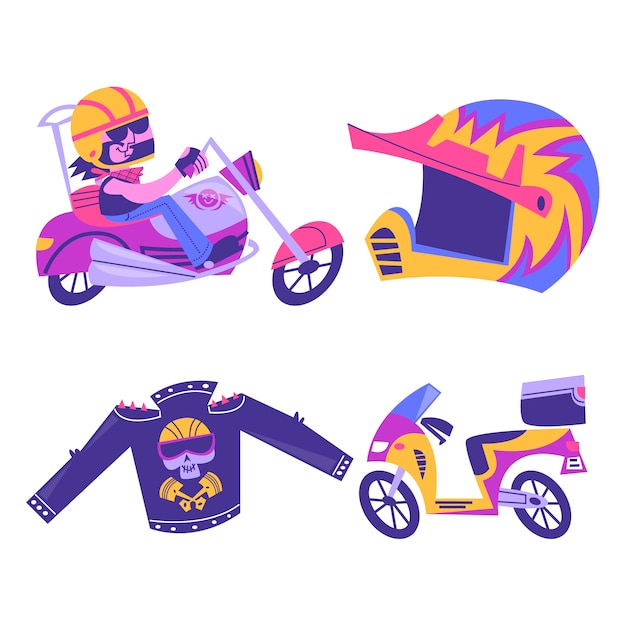 Free Vector retro cartoon motorcycling stickers collection