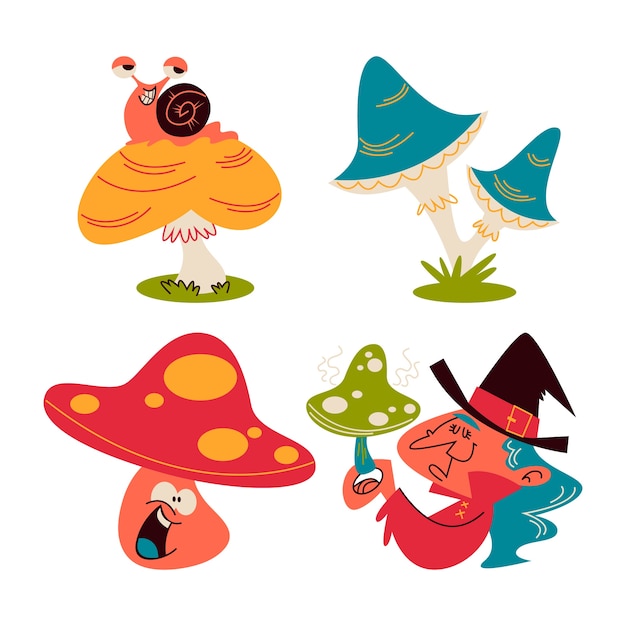 Free vector retro cartoon mushroom stickers collection