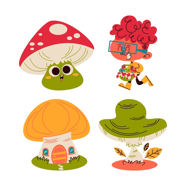 Free vector retro cartoon mushroom stickers collection