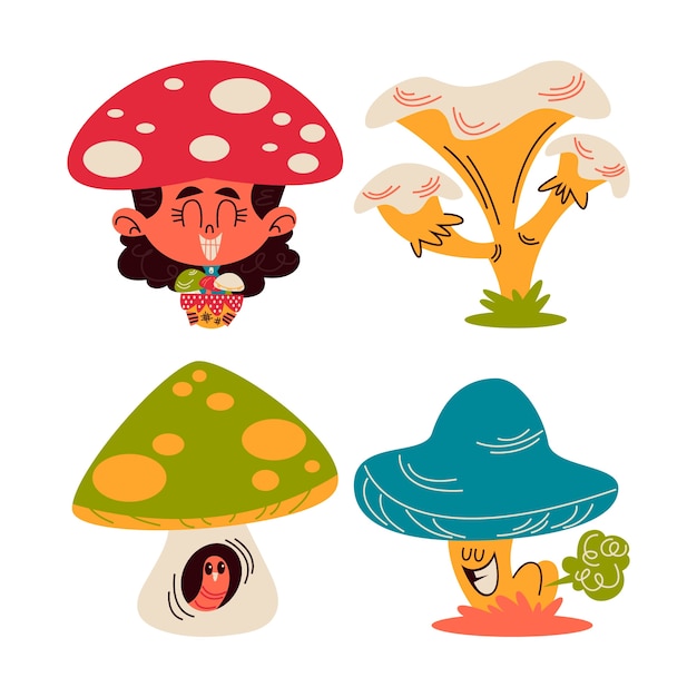 Free vector retro cartoon mushroom stickers collection