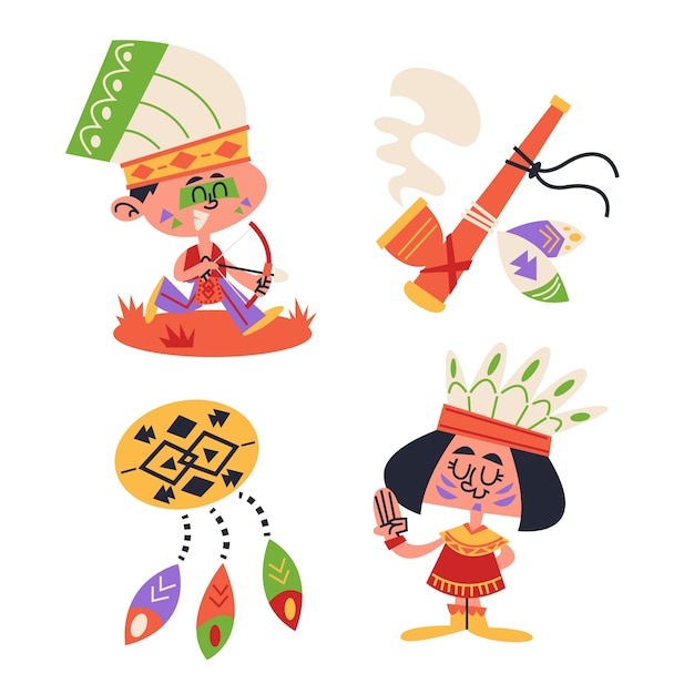 Free Vector retro cartoon native american stickers collection