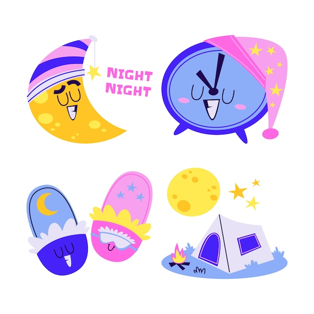 Free Vector retro cartoon night stickers collection