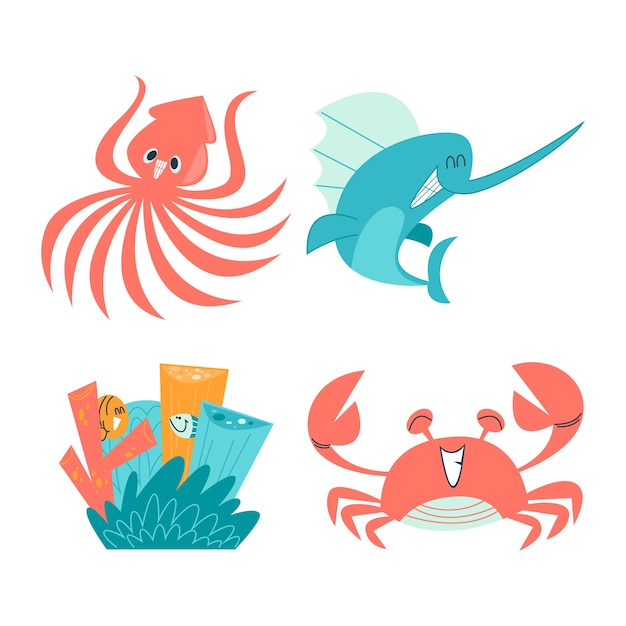 Free Vector retro cartoon ocean animals stickers collection