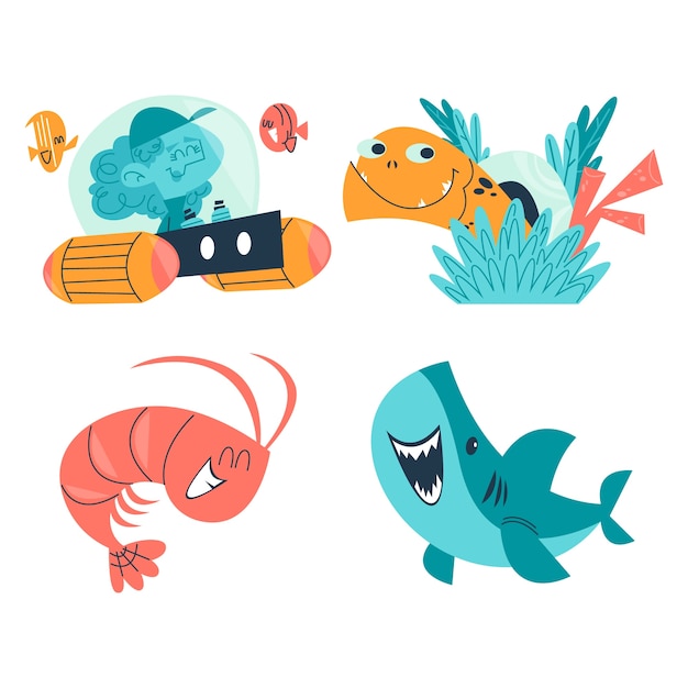 Free Vector retro cartoon ocean animals stickers collection