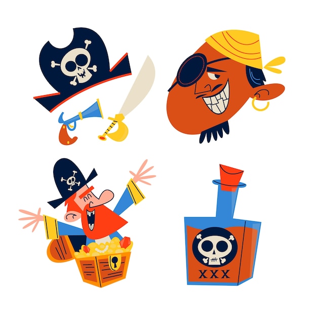 Free Vector retro cartoon pirate stickers collection