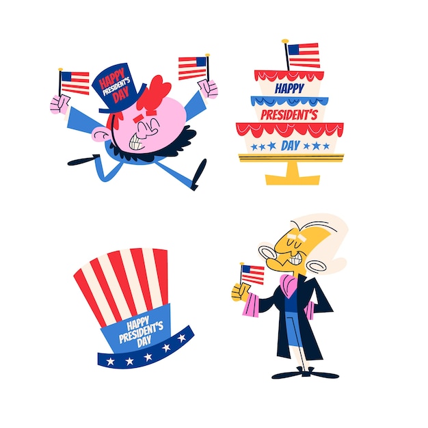 Retro cartoon presidents' day stickers collection