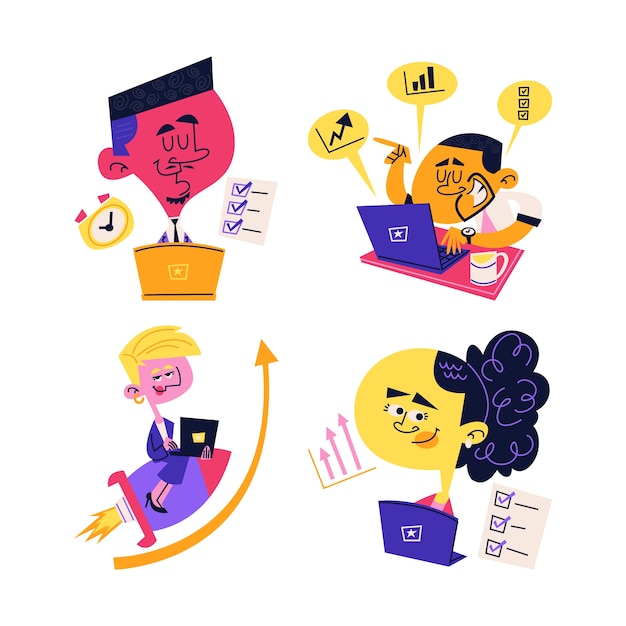 Retro cartoon productivity stickers collection