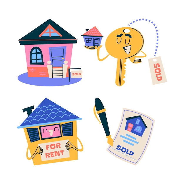 Free Vector retro cartoon real estate stickers collection