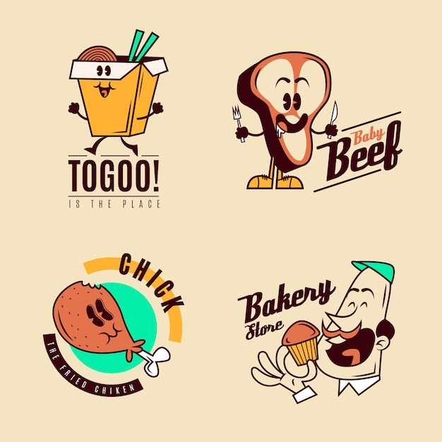 Retro cartoon restaurant logo set