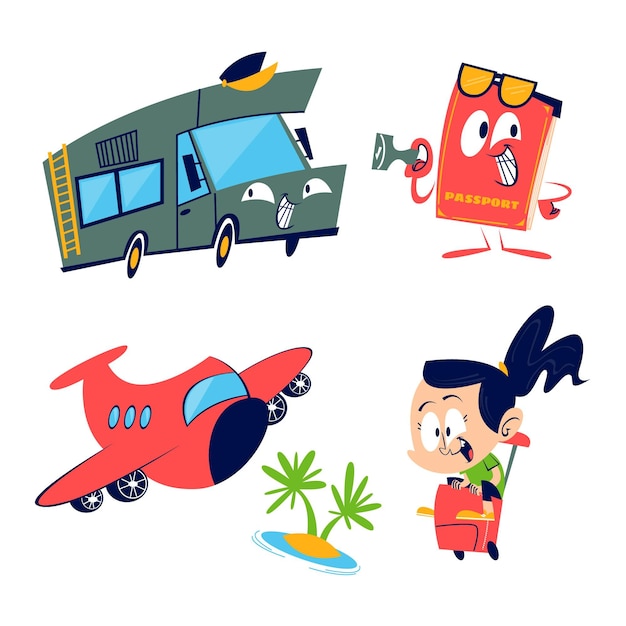 Free vector retro cartoon travel stickers collection