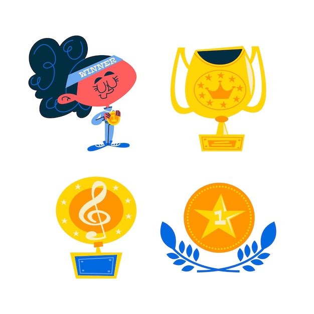 Free Vector retro cartoon trophies and awards stickers collection