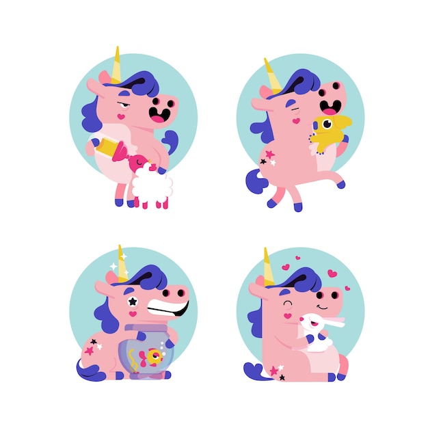 Retro cartoon unicorn stickers collection