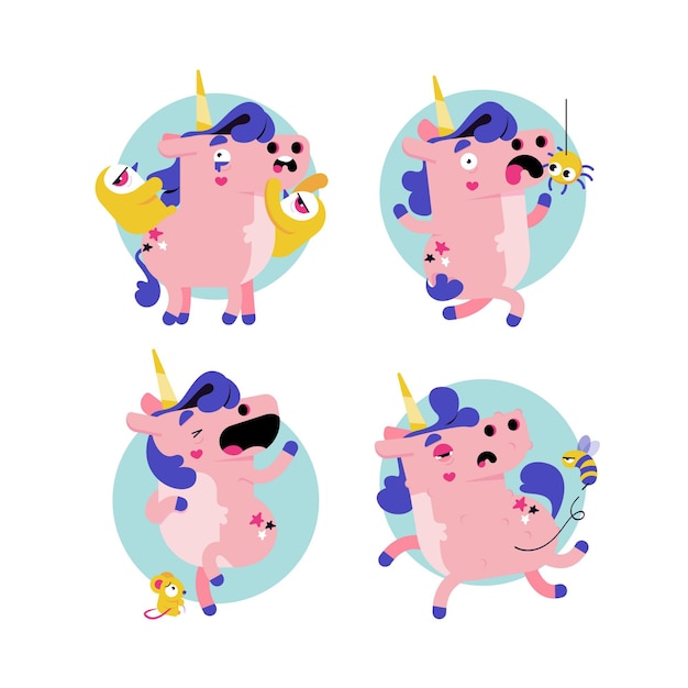 Retro cartoon unicorn stickers collection