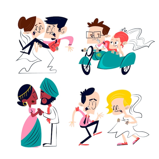 Free Vector retro cartoon wedding stickers with various couples