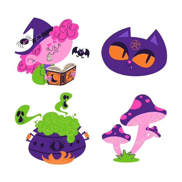 Free Vector retro cartoon witchcraft stickers collection