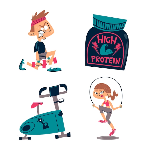 Free Vector retro cartoon workout sticker pack